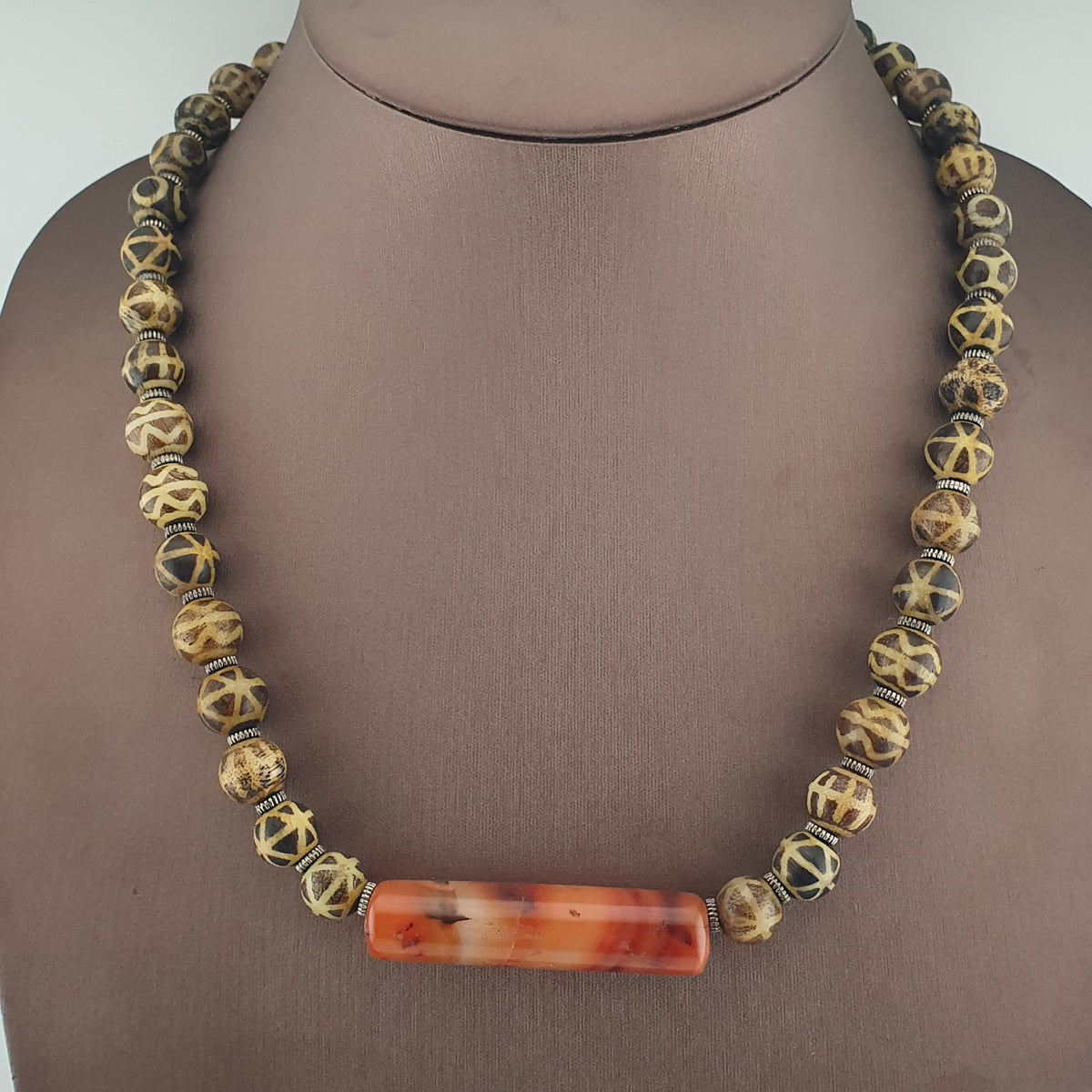 Antique Burmese Pumtek Pyu Beads & Carnelian Agate Big Bead Pendant Necklace
