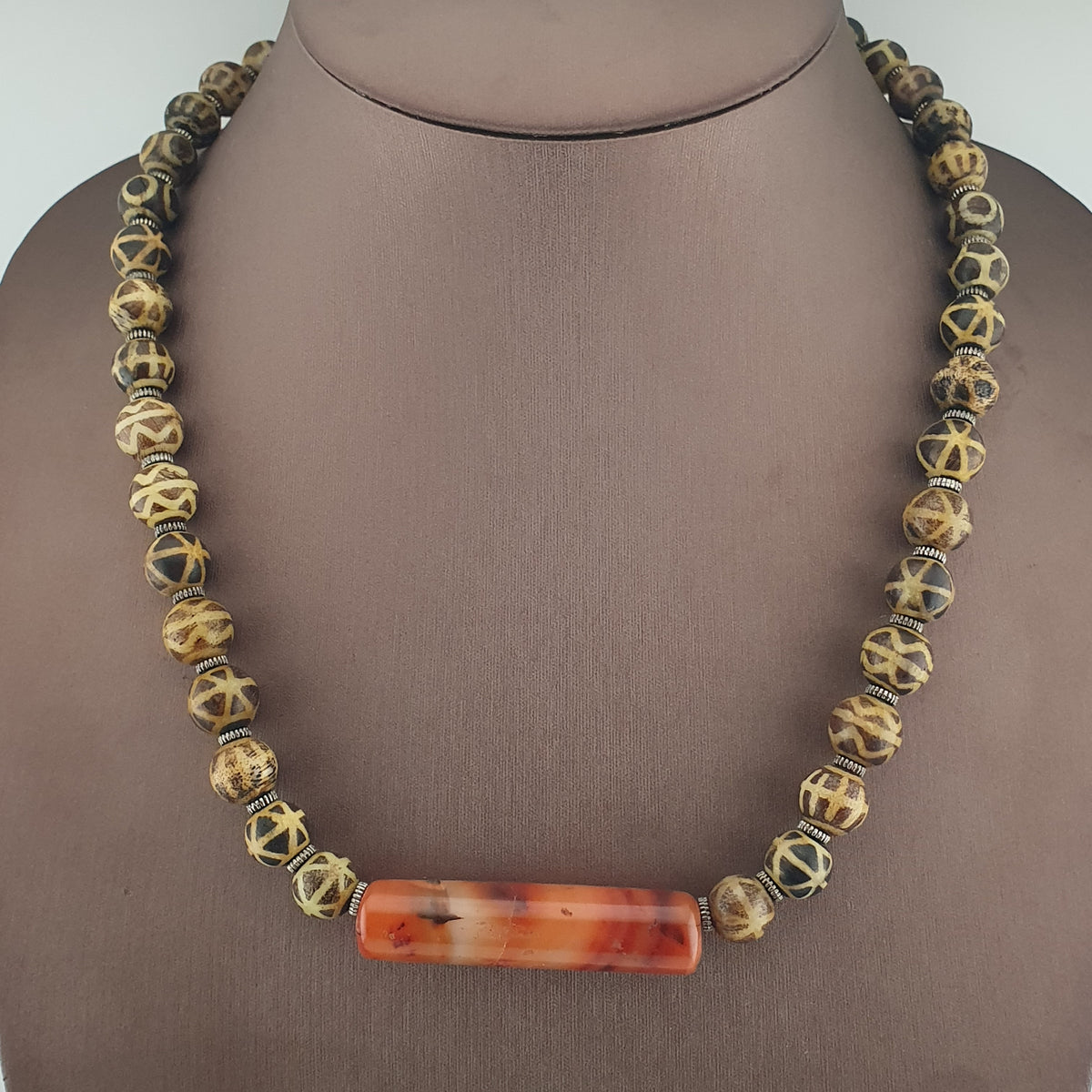 Antique Burmese Pumtek Pyu Beads & Carnelian Agate Big Bead Pendant Necklace