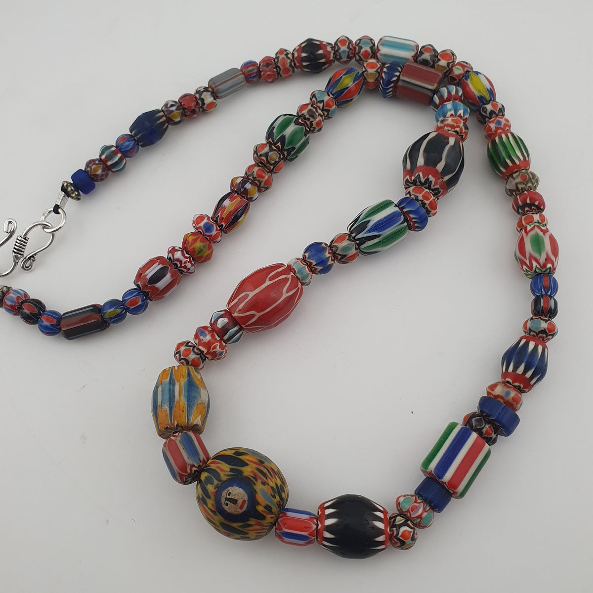 Vintage Venetian Style Mix Chevron Glass Beads With Old face Glass Pendant Necklace