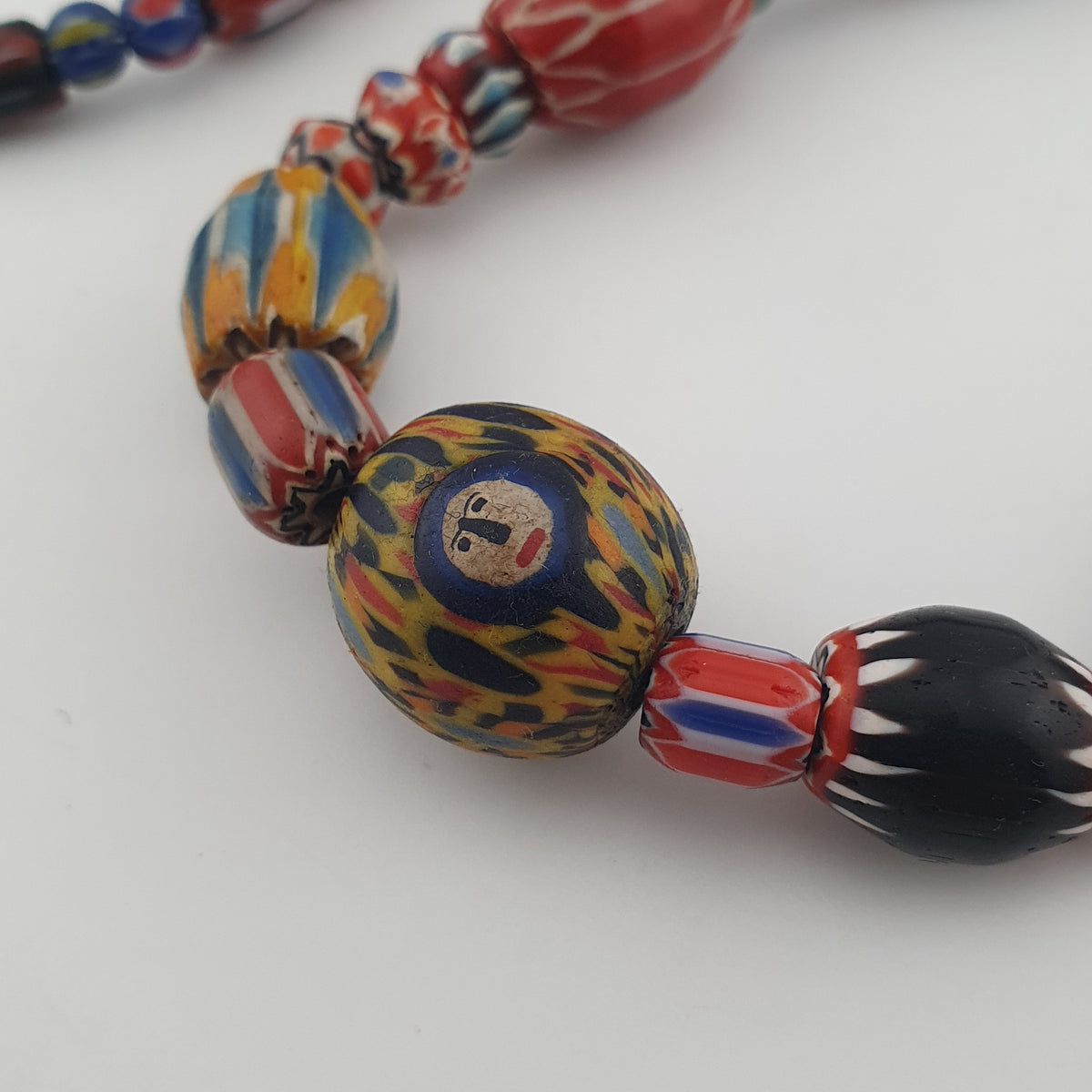 Vintage Venetian Style Mix Chevron Glass Beads With Old face Glass Pendant Necklace