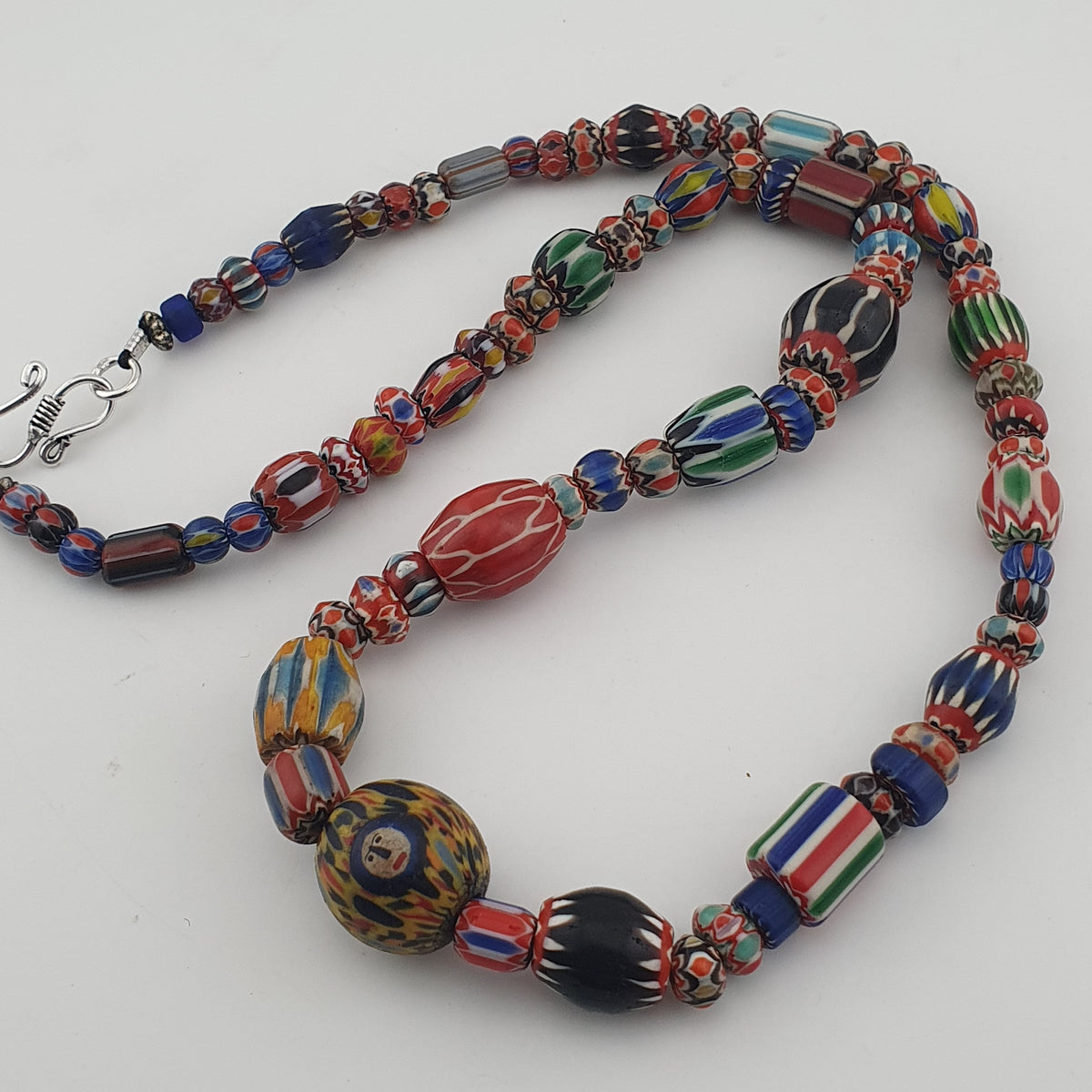 Vintage Venetian Style Mix Chevron Glass Beads With Old face Glass Pendant Necklace