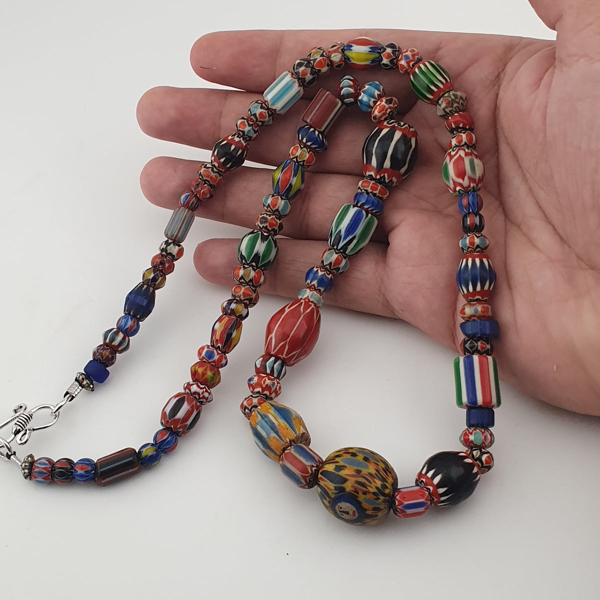 Vintage Venetian Style Mix Chevron Glass Beads With Old face Glass Pendant Necklace