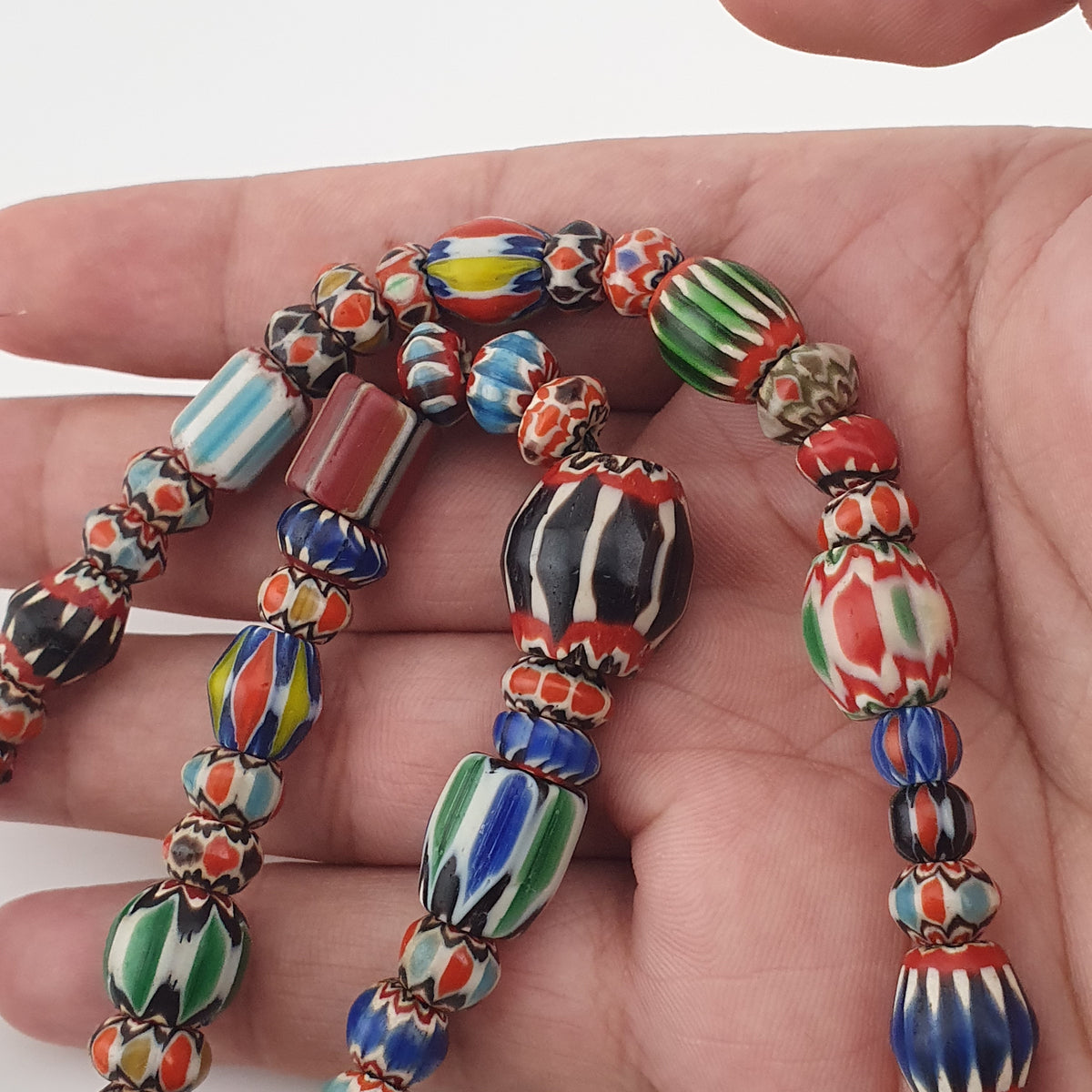 Vintage Venetian Style Mix Chevron Glass Beads With Old face Glass Pendant Necklace