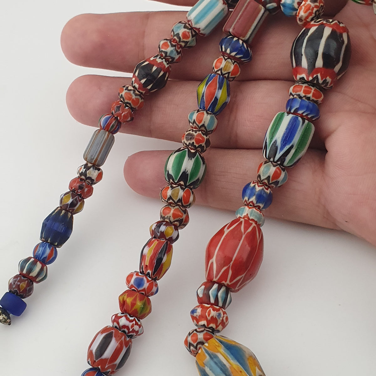 Vintage Venetian Style Mix Chevron Glass Beads With Old face Glass Pendant Necklace