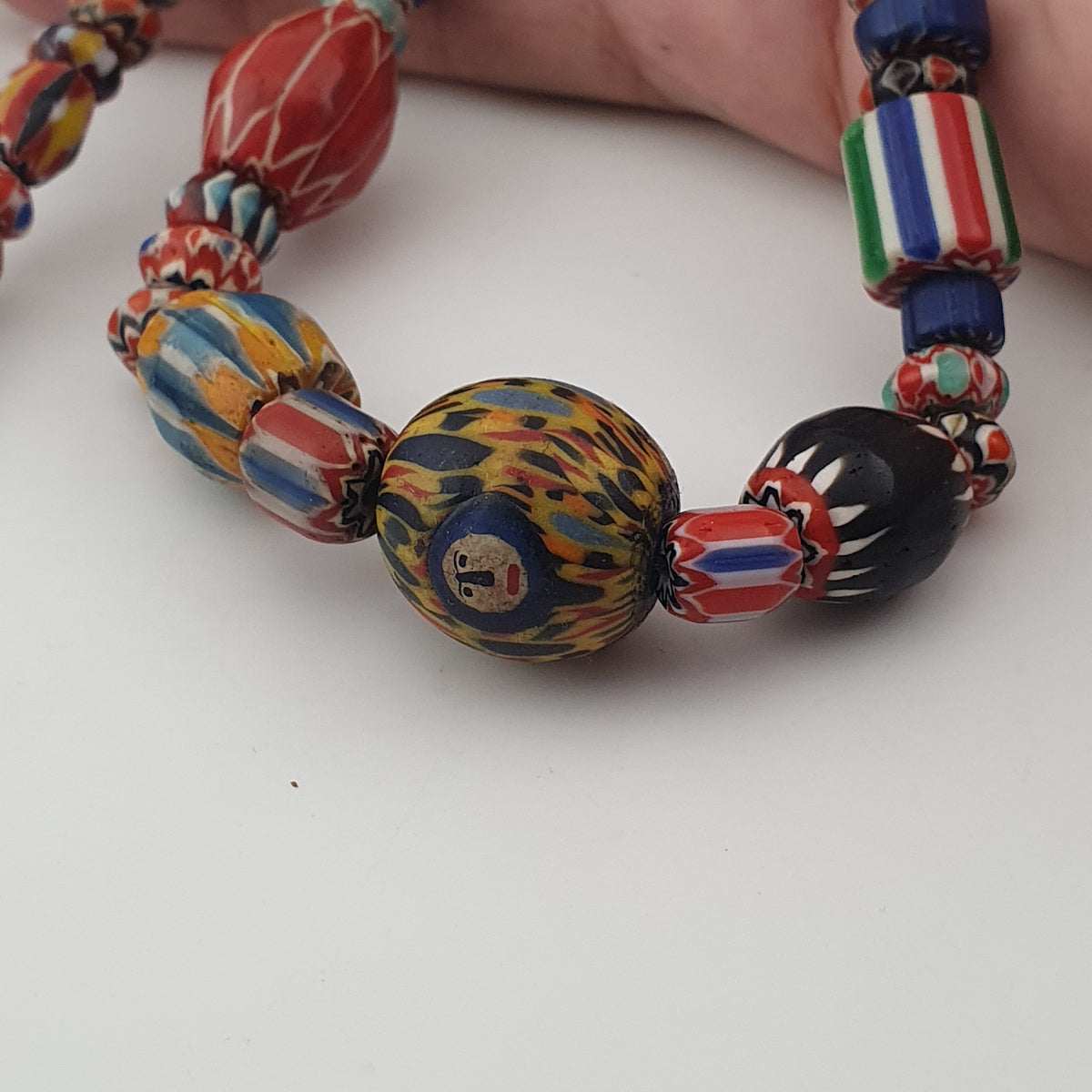 Vintage Venetian Style Mix Chevron Glass Beads With Old face Glass Pendant Necklace