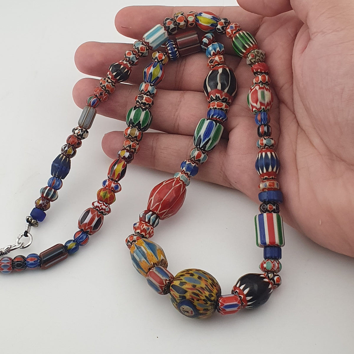 Vintage Venetian Style Mix Chevron Glass Beads With Old face Glass Pendant Necklace
