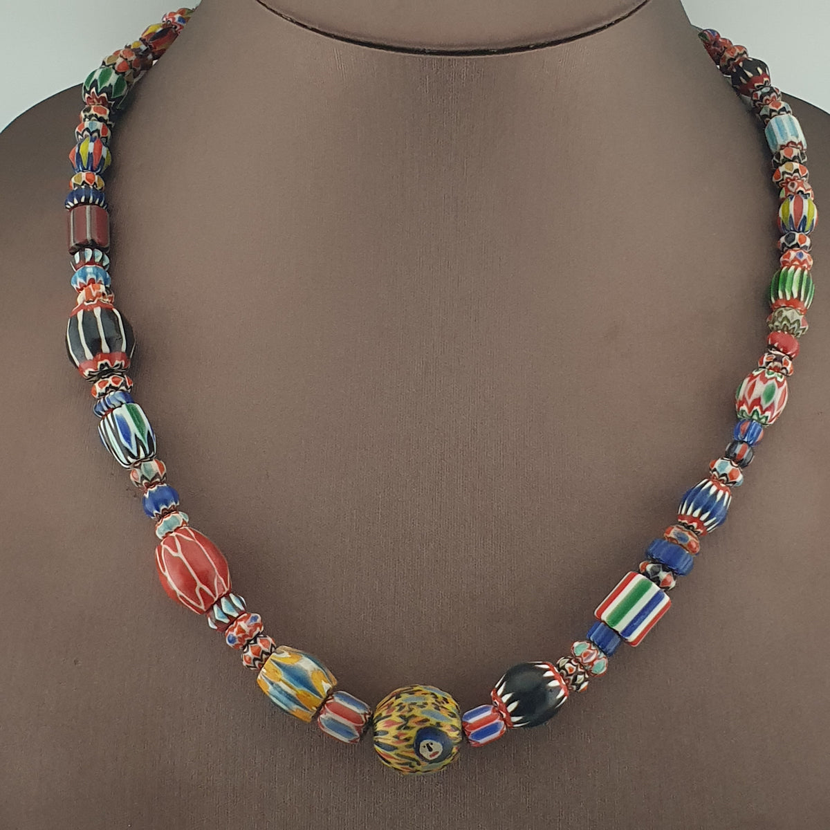 Vintage Venetian Style Mix Chevron Glass Beads With Old face Glass Pendant Necklace