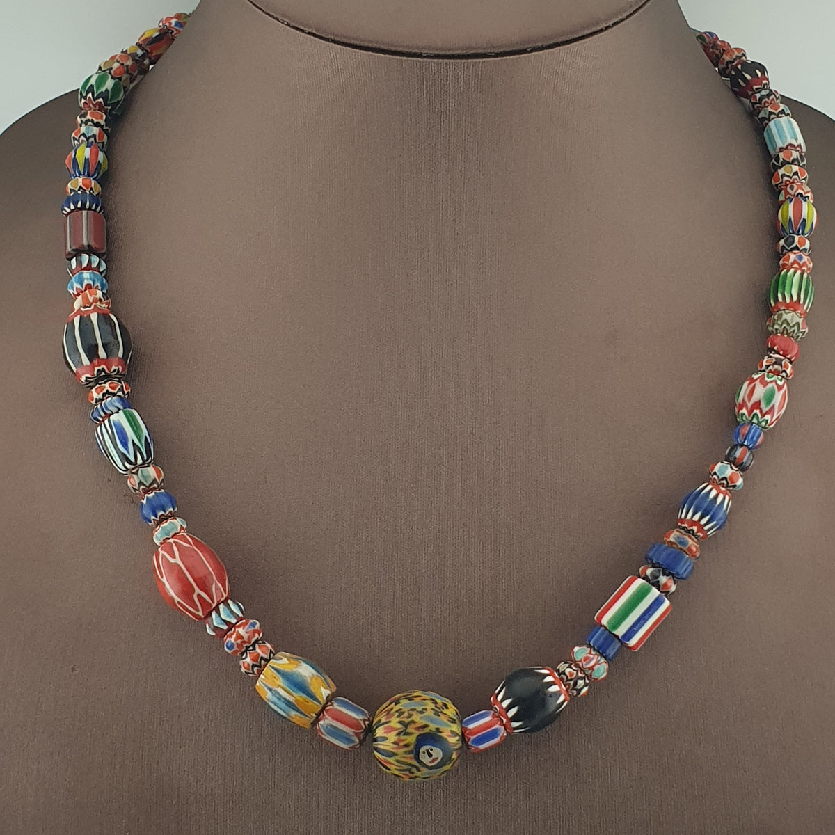 Vintage Venetian Style Mix Chevron Glass Beads With Old face Glass Pendant Necklace