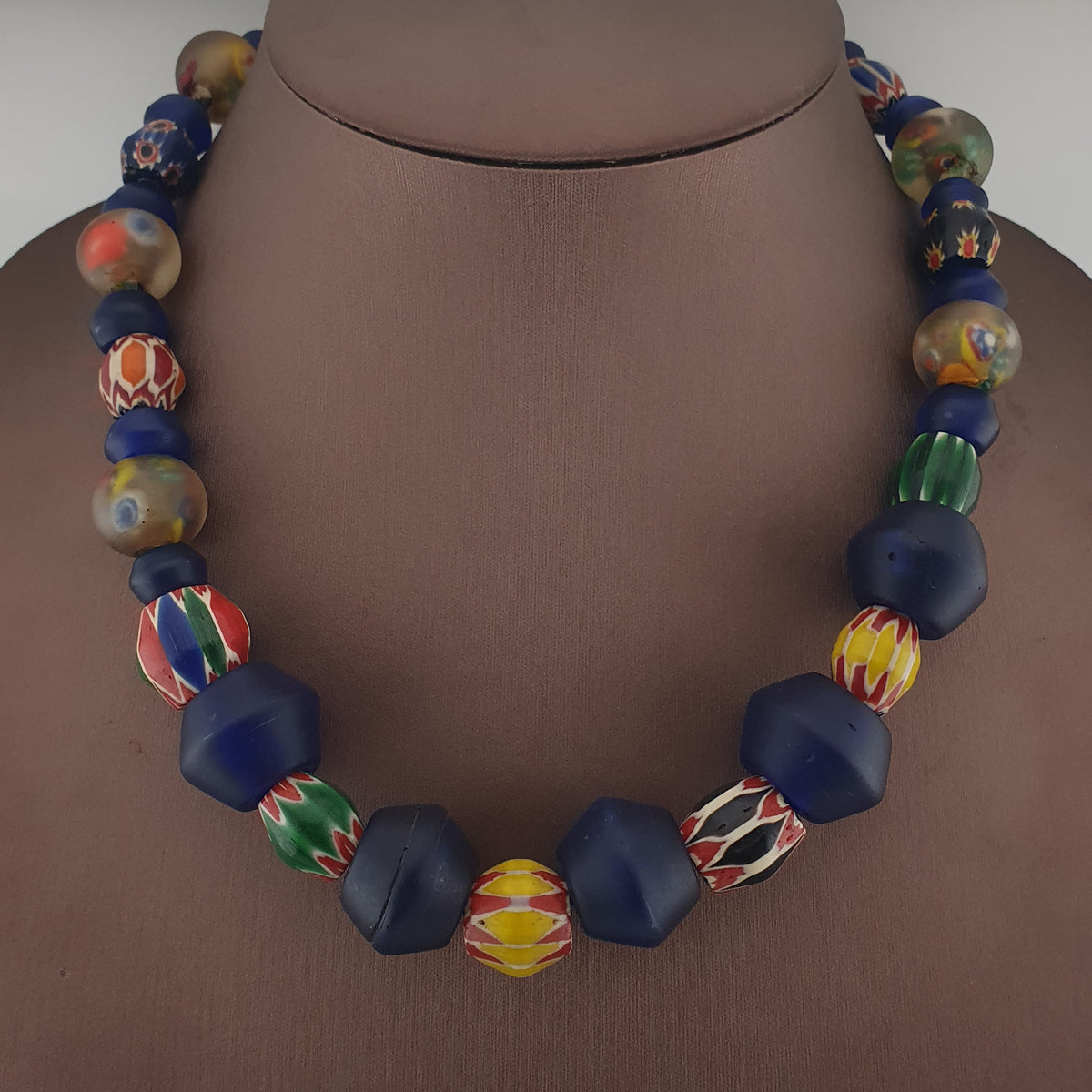 Antique Venetian Style Chevron & Big African Glass Beads Necklace