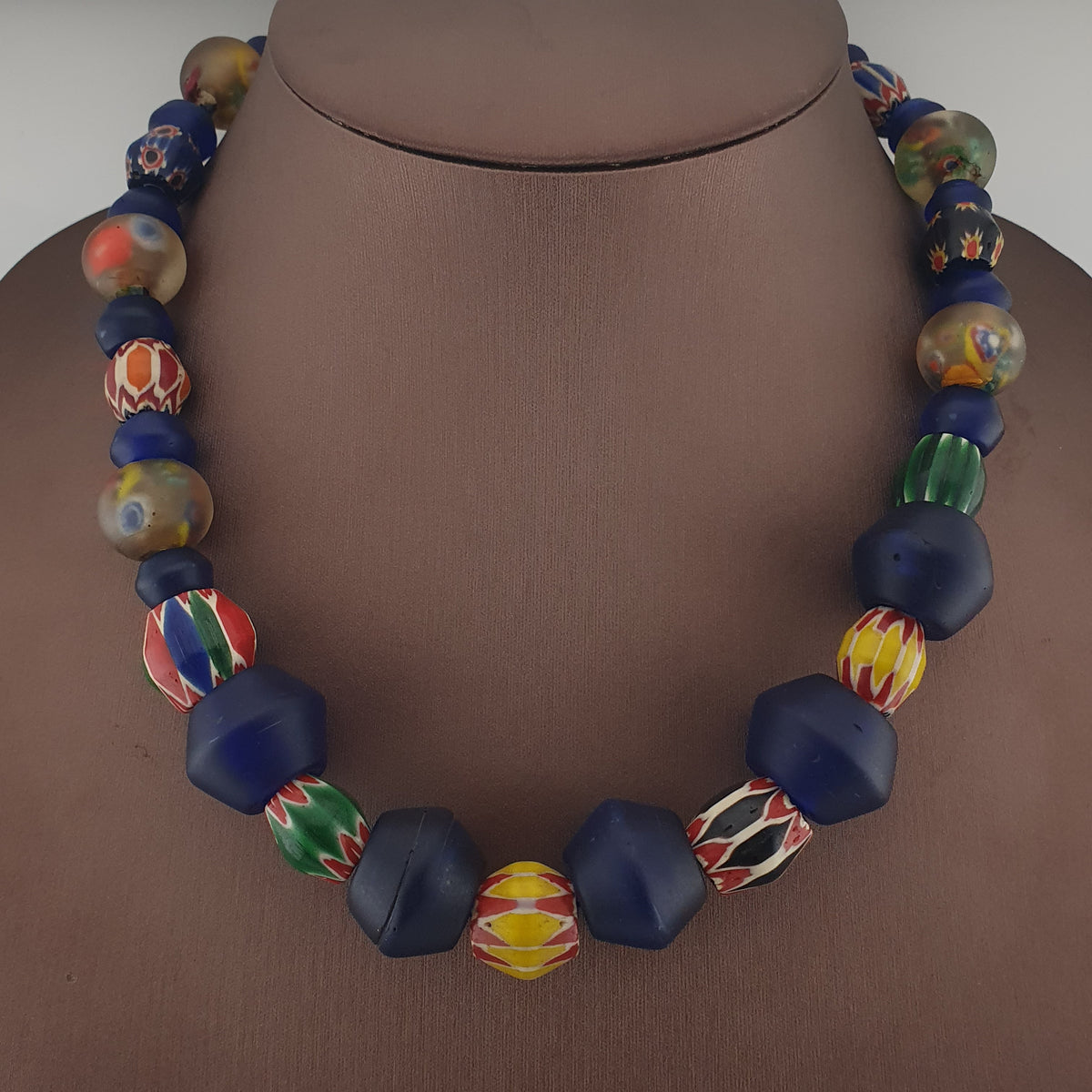 Antique Venetian Style Chevron & Big African Glass Beads Necklace