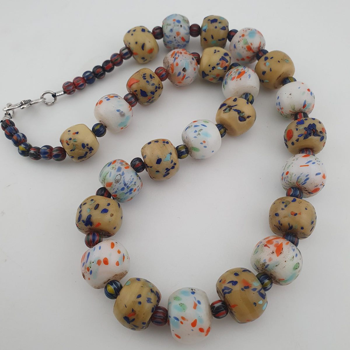 Antique Venetian Style Tire Shape Aventurine Glass & Chevron Beads Necklace