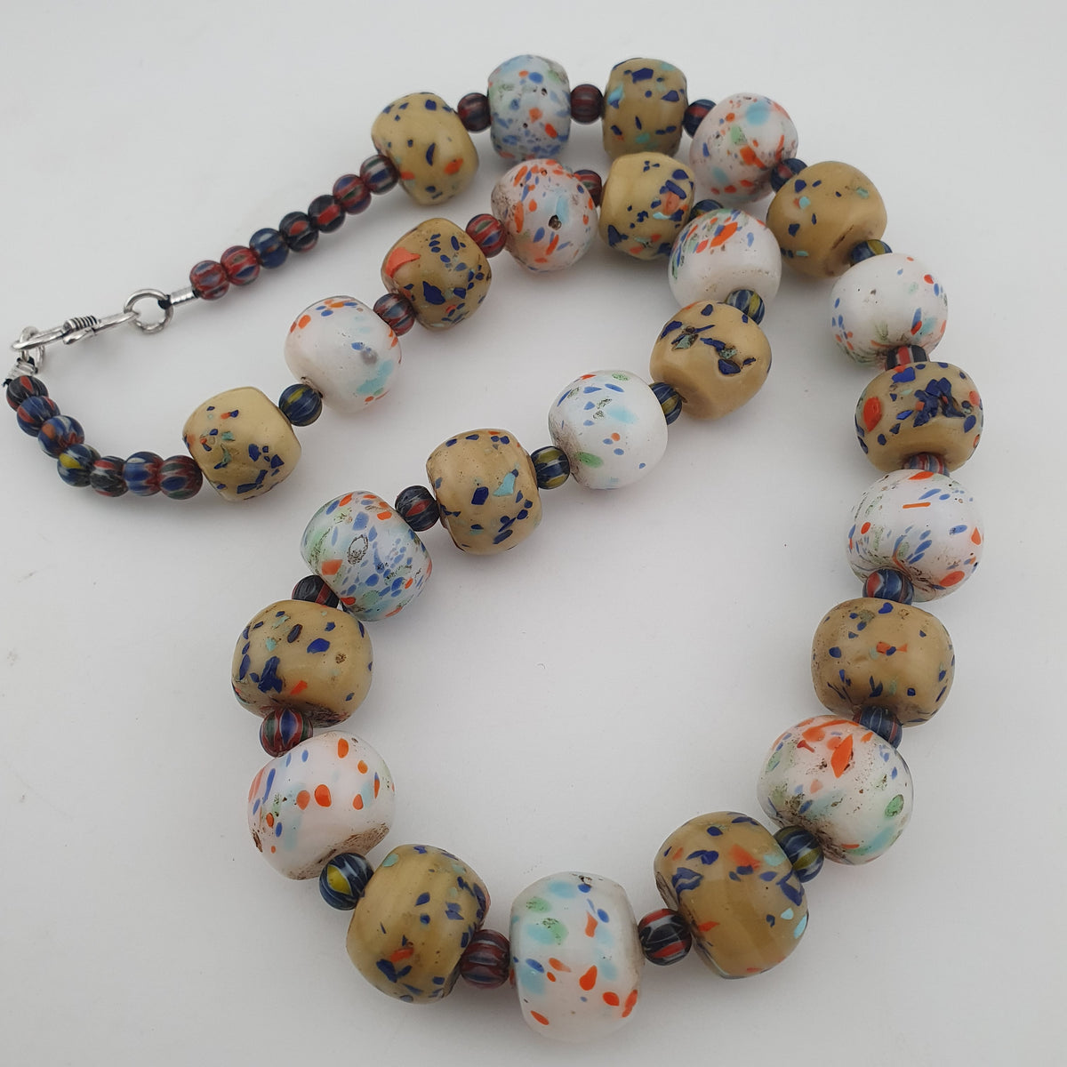 Antique Venetian Style Tire Shape Aventurine Glass & Chevron Beads Necklace