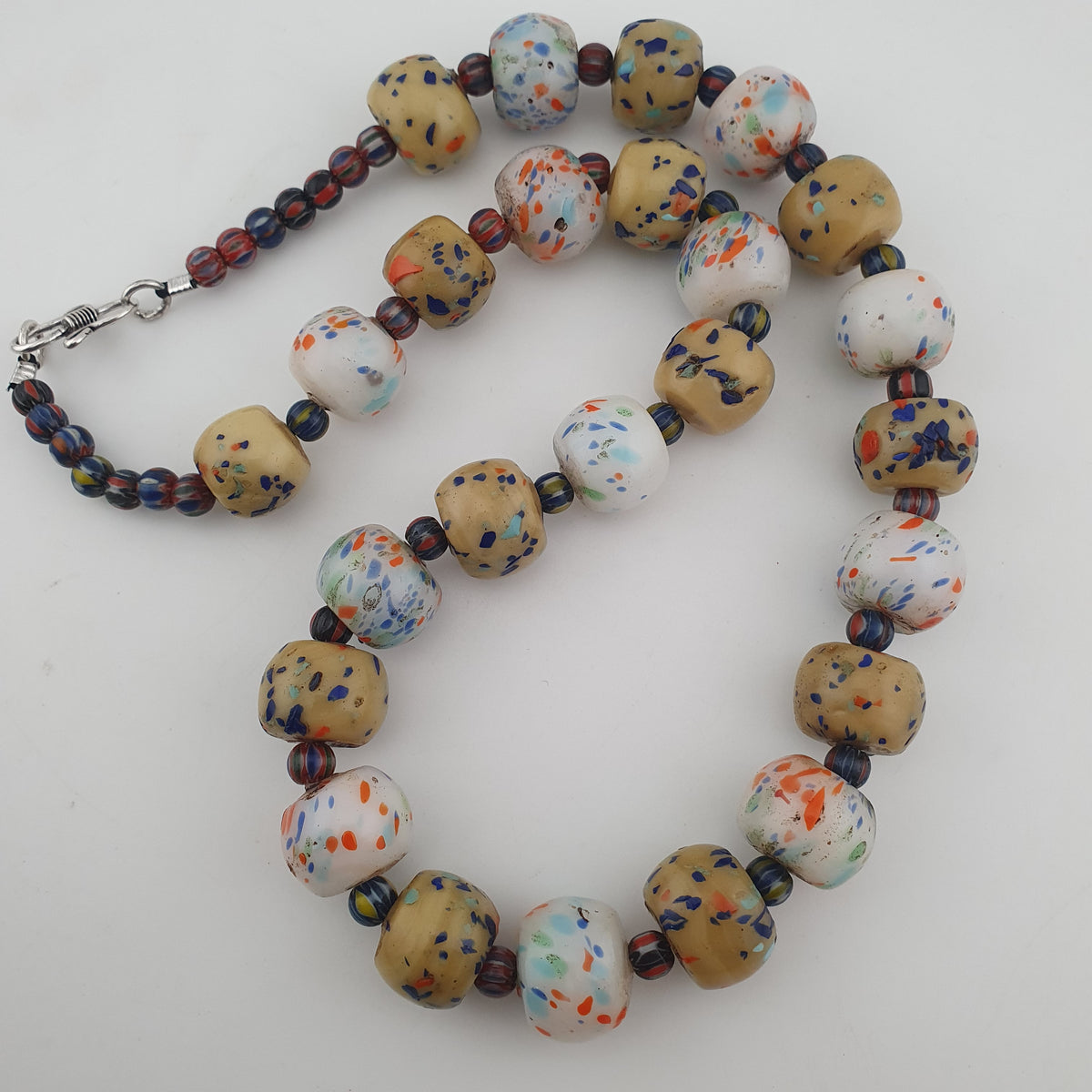 Antique Venetian Style Tire Shape Aventurine Glass & Chevron Beads Necklace
