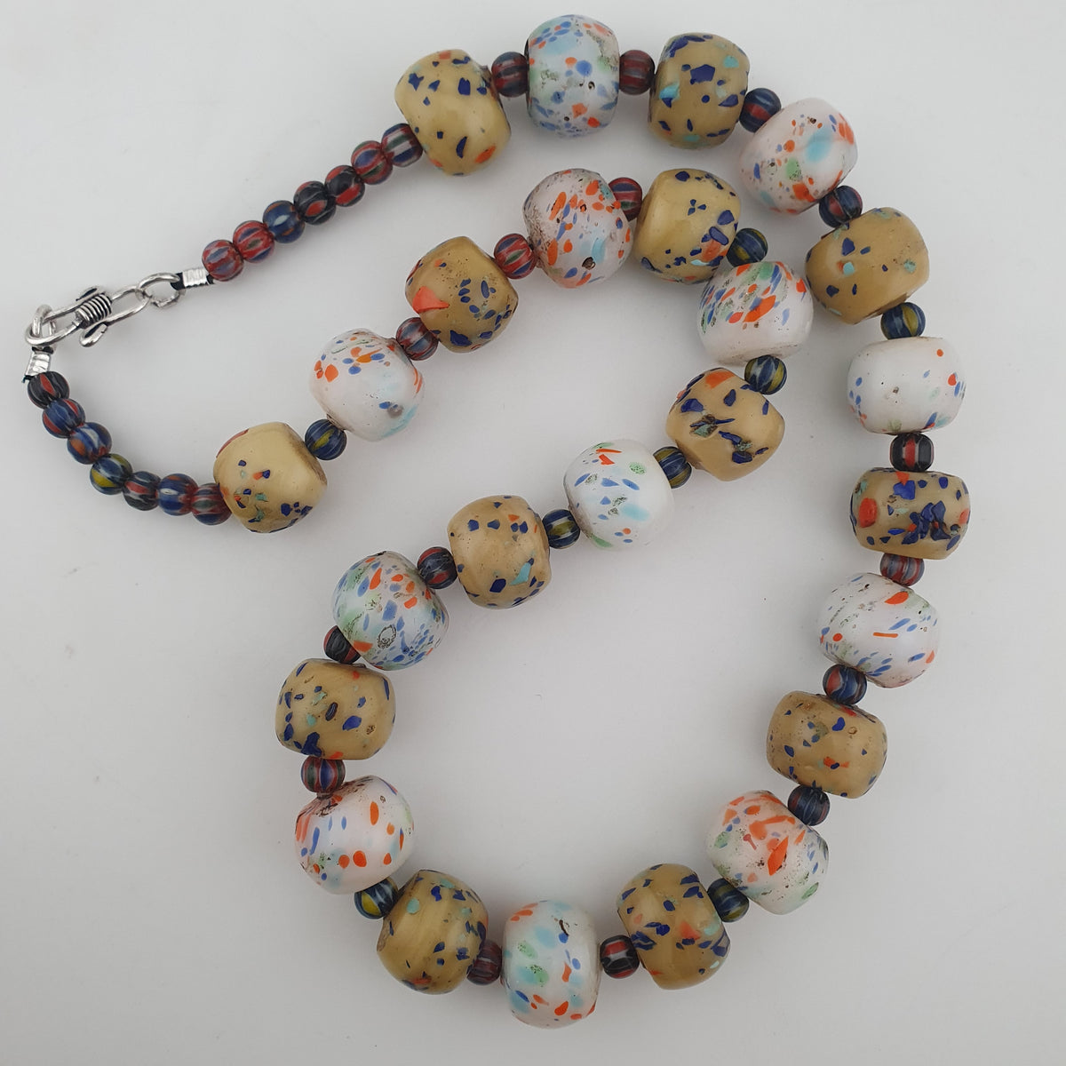 Antique Venetian Style Tire Shape Aventurine Glass & Chevron Beads Necklace