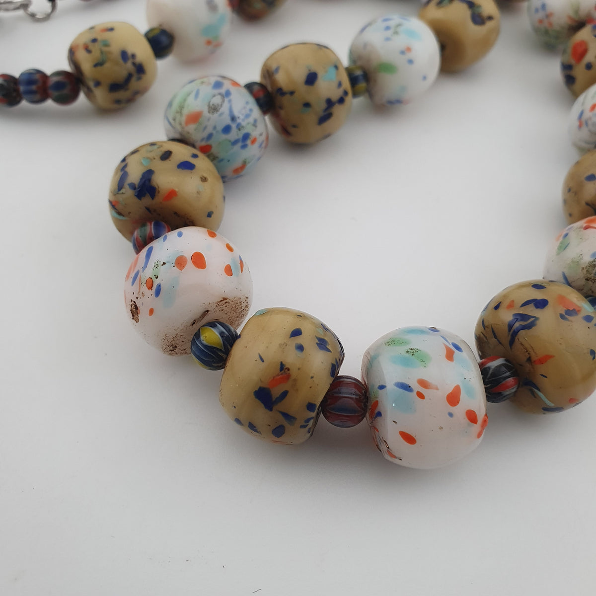 Antique Venetian Style Tire Shape Aventurine Glass & Chevron Beads Necklace
