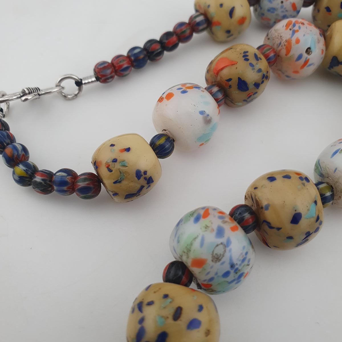 Antique Venetian Style Tire Shape Aventurine Glass & Chevron Beads Necklace