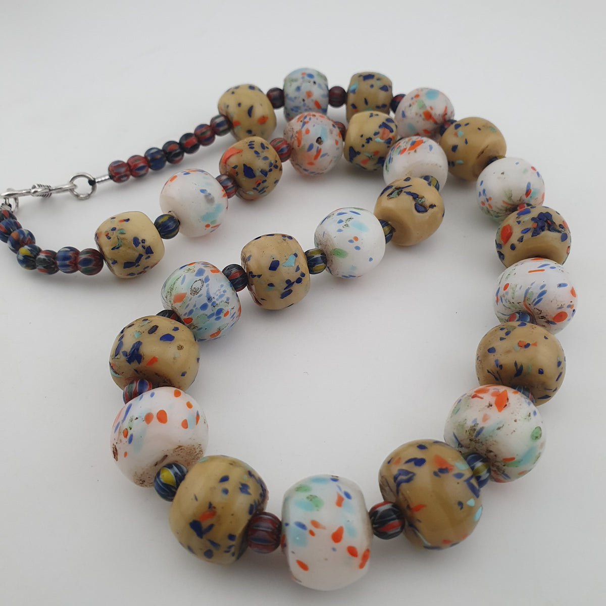 Antique Venetian Style Tire Shape Aventurine Glass & Chevron Beads Necklace