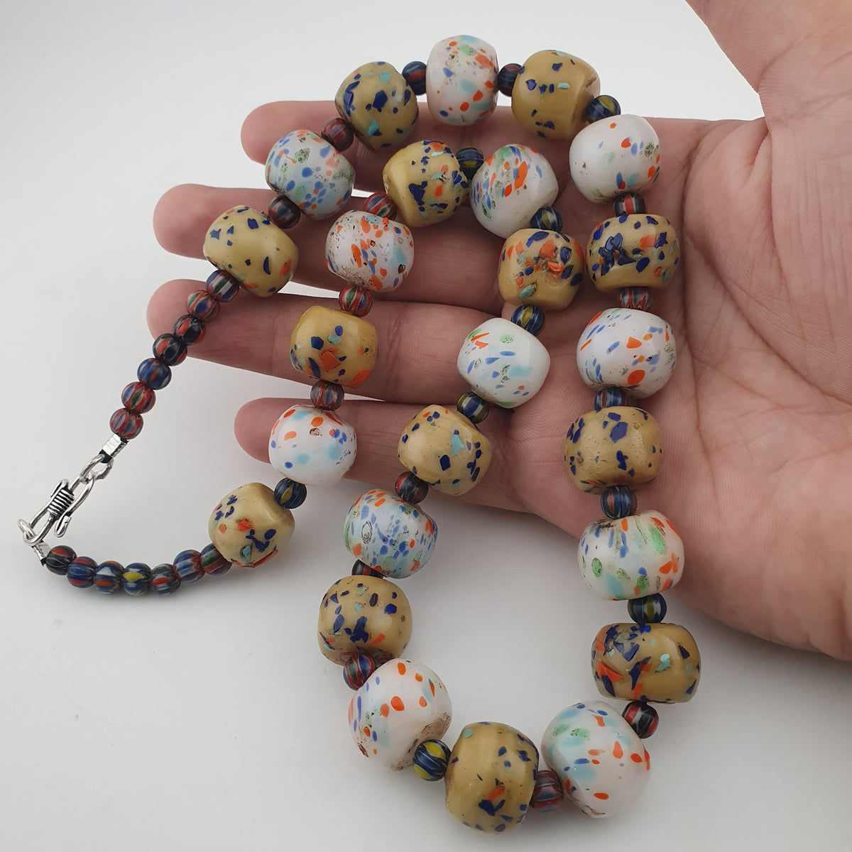 Antique Venetian Style Tire Shape Aventurine Glass & Chevron Beads Necklace