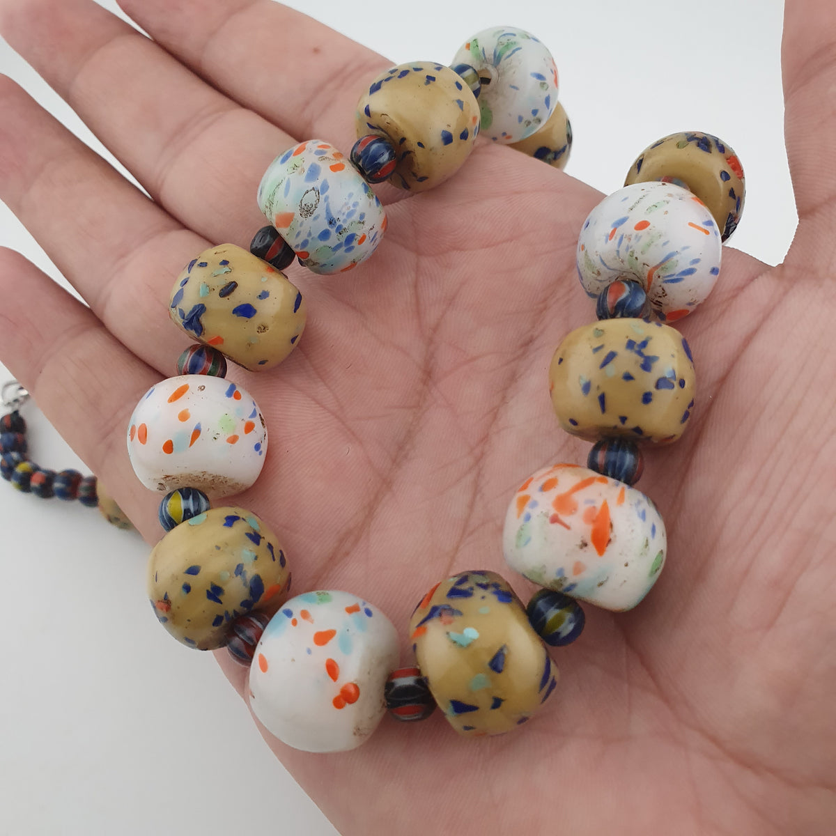 Antique Venetian Style Tire Shape Aventurine Glass & Chevron Beads Necklace