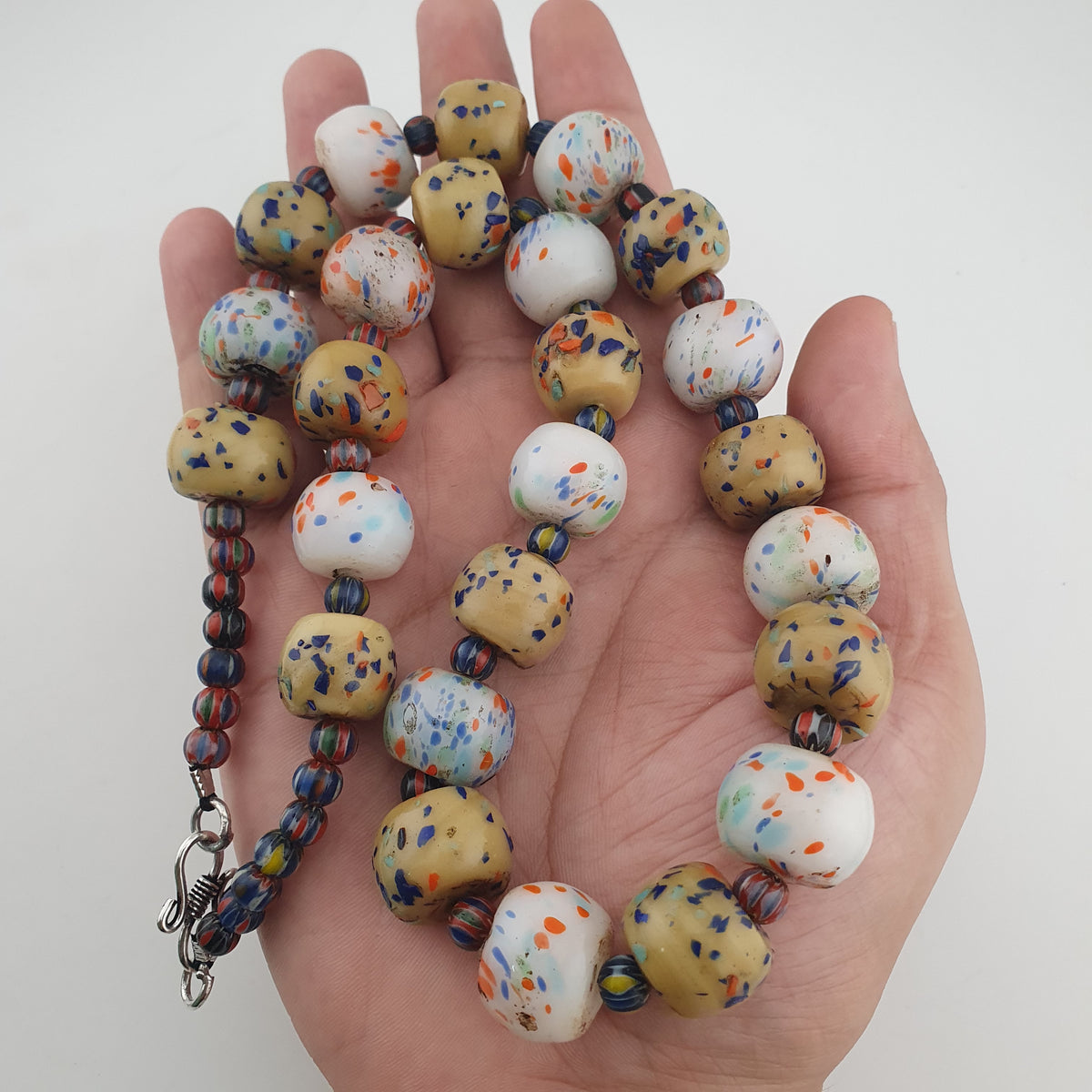 Antique Venetian Style Tire Shape Aventurine Glass & Chevron Beads Necklace