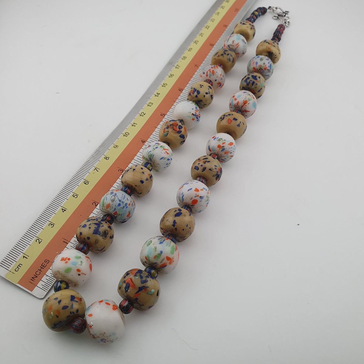 Antique Venetian Style Tire Shape Aventurine Glass & Chevron Beads Necklace
