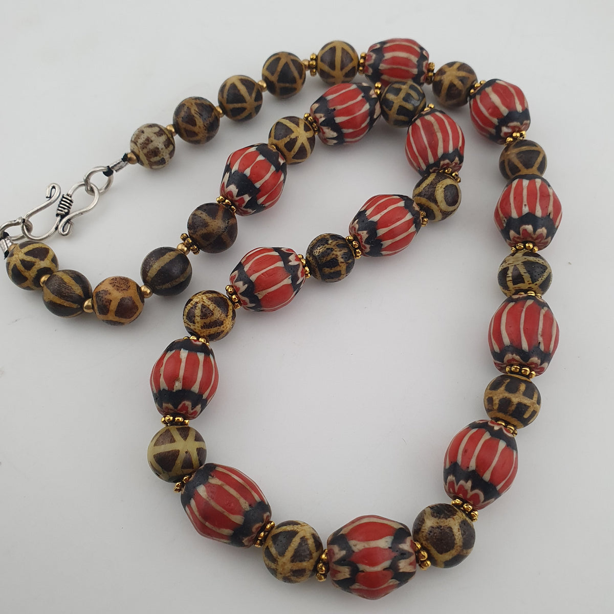 Antique Burmese Pumtek Pyu & Venetian Style Chevron Beads Necklace