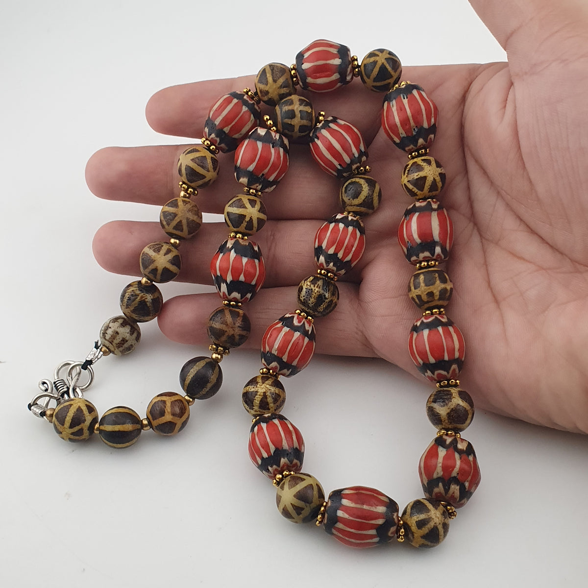Antique Burmese Pumtek Pyu & Venetian Style Chevron Beads Necklace