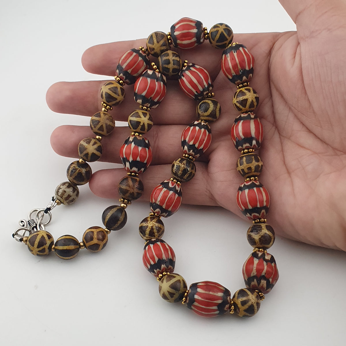 Antique Burmese Pumtek Pyu & Venetian Style Chevron Beads Necklace