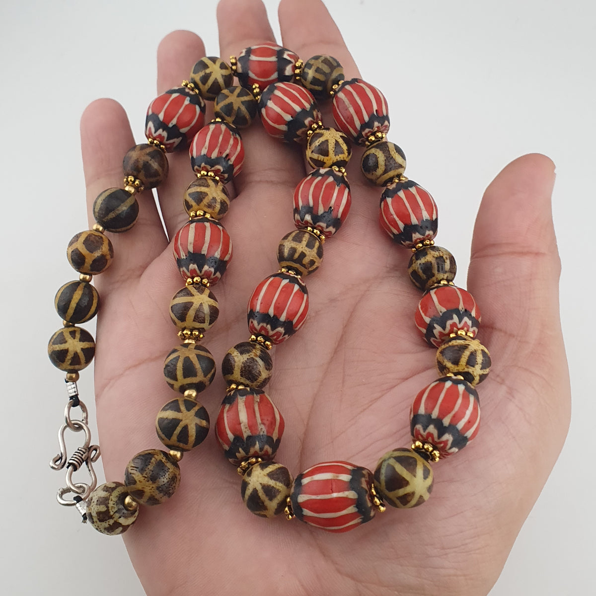 Antique Burmese Pumtek Pyu & Venetian Style Chevron Beads Necklace