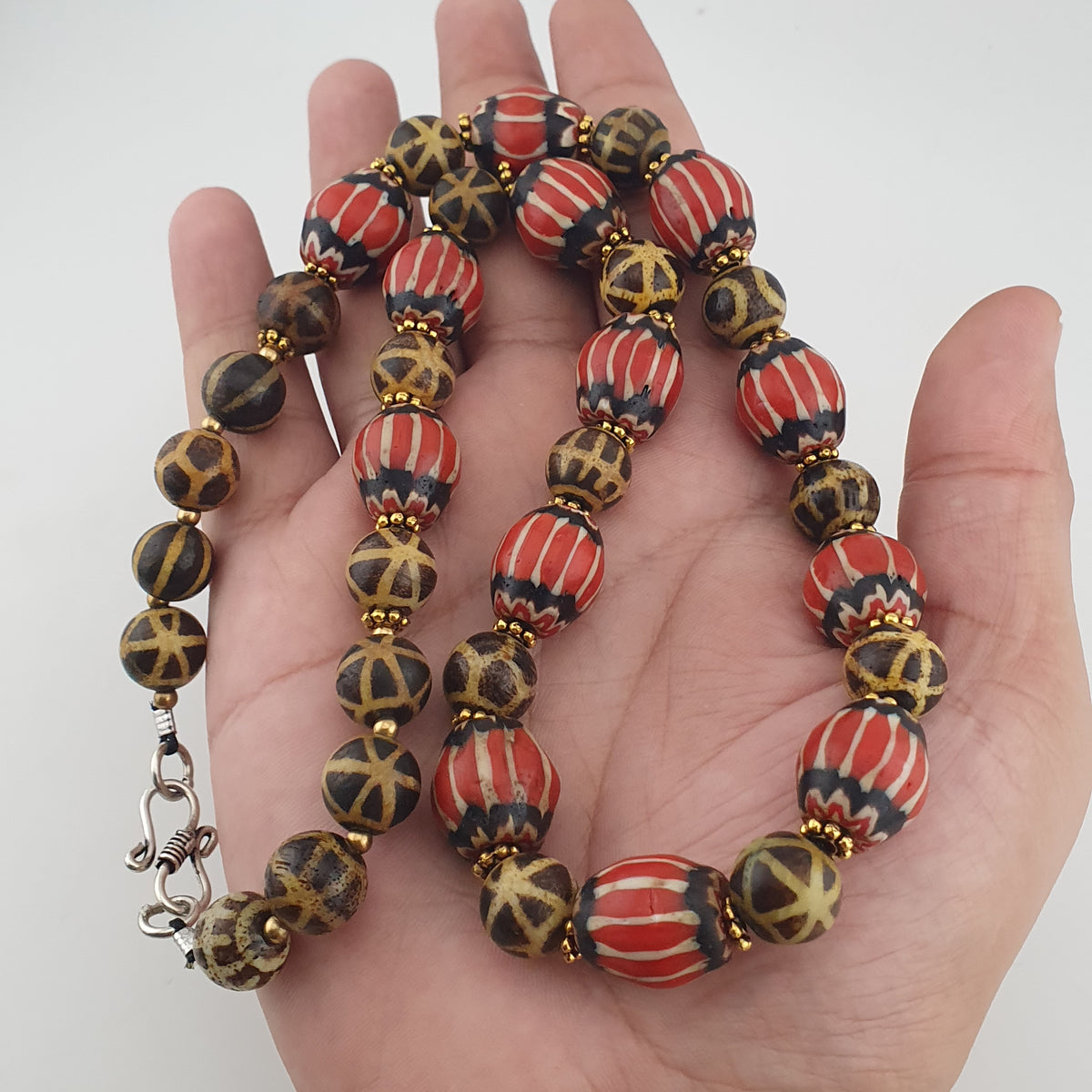 Antique Burmese Pumtek Pyu & Venetian Style Chevron Beads Necklace