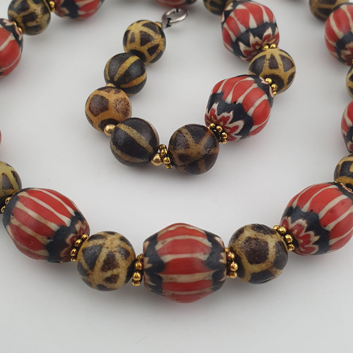 Antique Burmese Pumtek Pyu & Venetian Style Chevron Beads Necklace