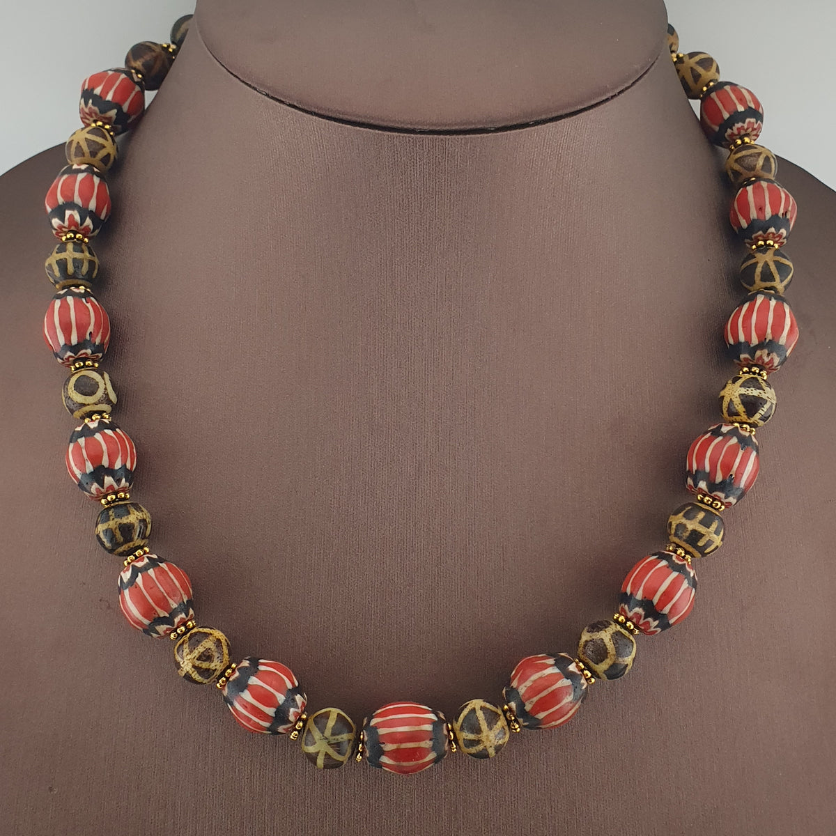 Antique Burmese Pumtek Pyu & Venetian Style Chevron Beads Necklace