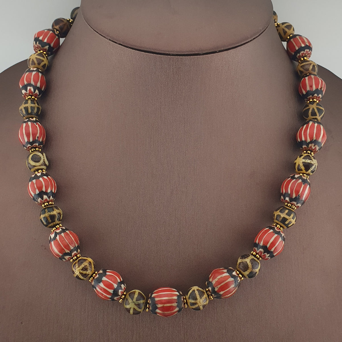 Antique Burmese Pumtek Pyu & Venetian Style Chevron Beads Necklace