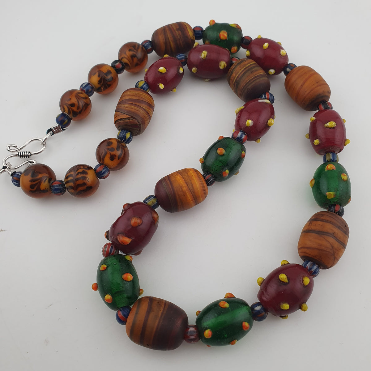 Vintage Venetian African Style Mix Skunk & Orange Brown African Glass Beads Necklace