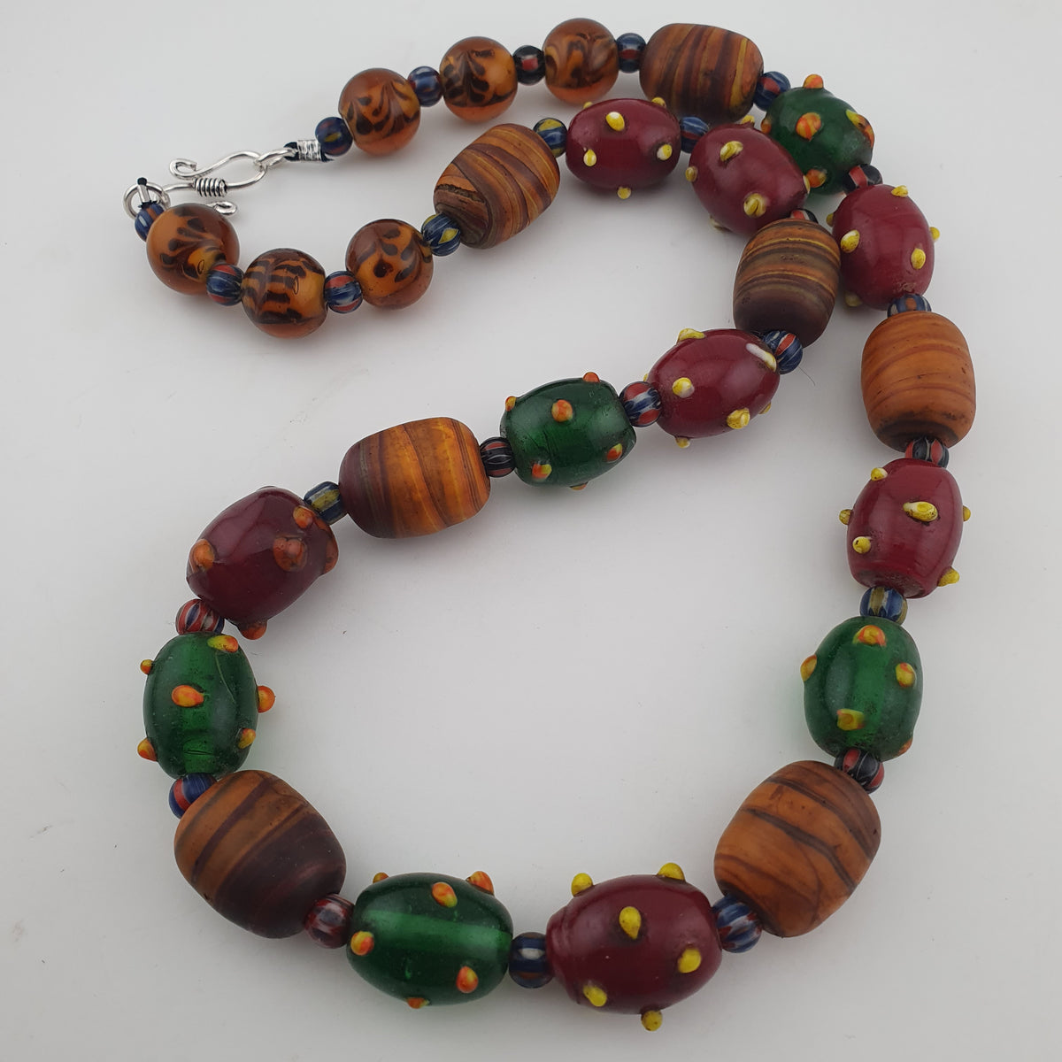 Vintage Venetian African Style Mix Skunk & Orange Brown African Glass Beads Necklace