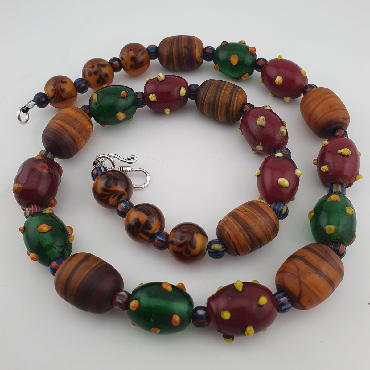 Vintage Venetian African Style Mix Skunk & Orange Brown African Glass Beads Necklace