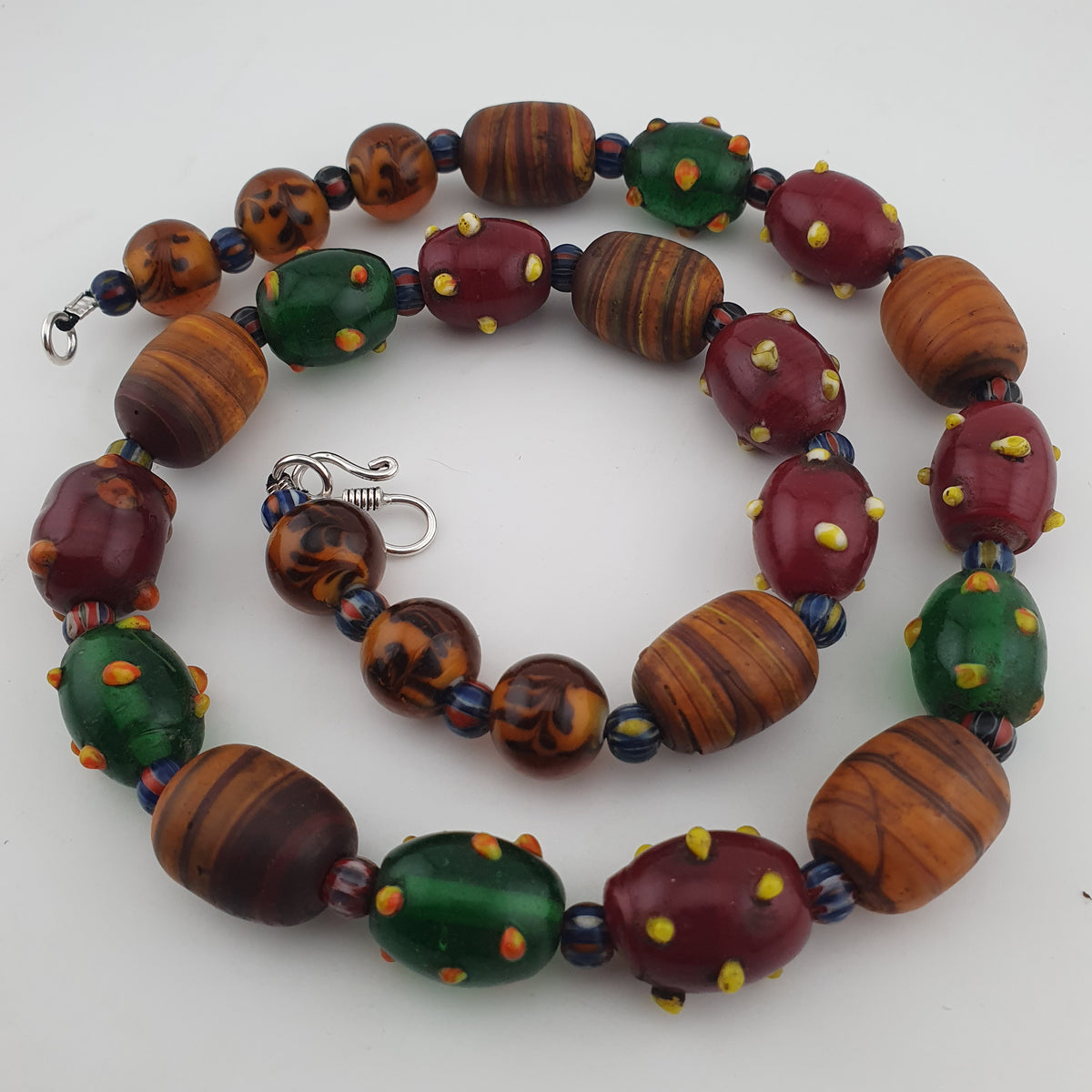 Vintage Venetian African Style Mix Skunk & Orange Brown African Glass Beads Necklace
