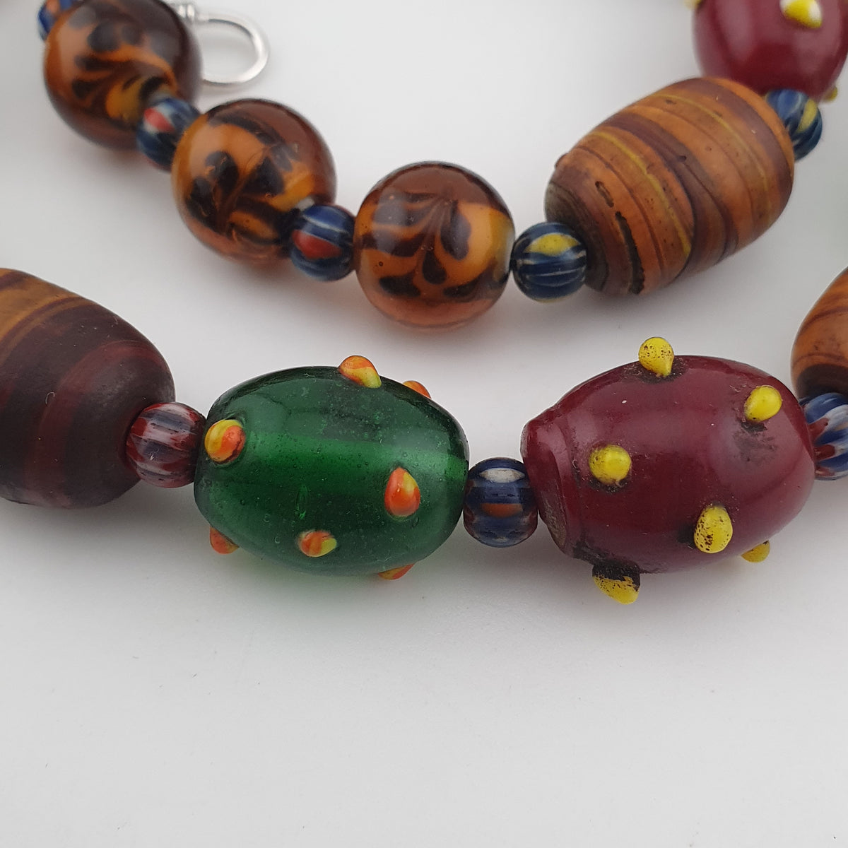 Vintage Venetian African Style Mix Skunk & Orange Brown African Glass Beads Necklace