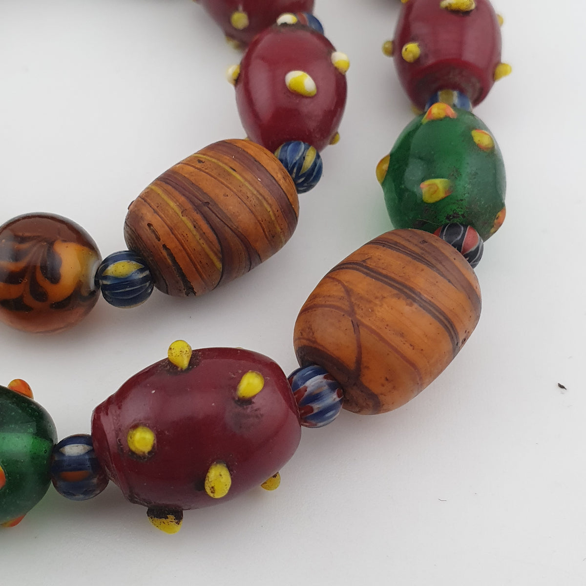 Vintage Venetian African Style Mix Skunk & Orange Brown African Glass Beads Necklace