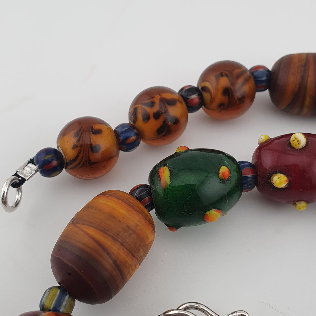 Vintage Venetian African Style Mix Skunk & Orange Brown African Glass Beads Necklace