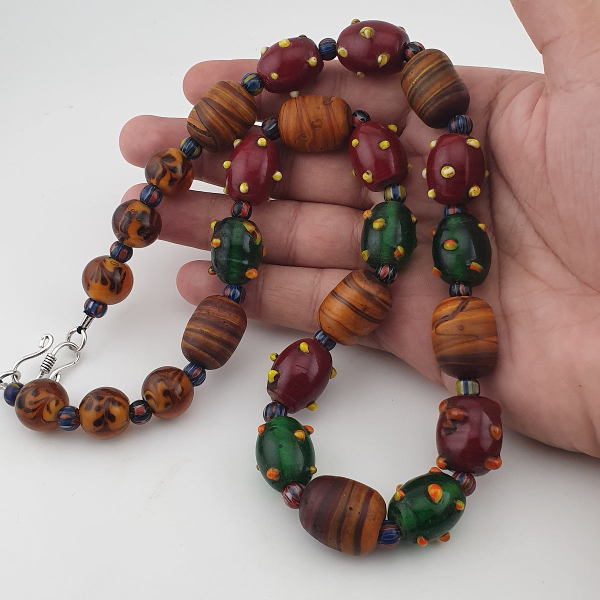 Vintage Venetian African Style Mix Skunk & Orange Brown African Glass Beads Necklace