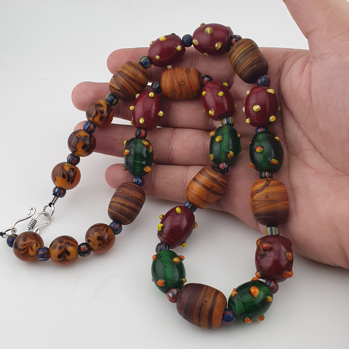 Vintage Venetian African Style Mix Skunk & Orange Brown African Glass Beads Necklace