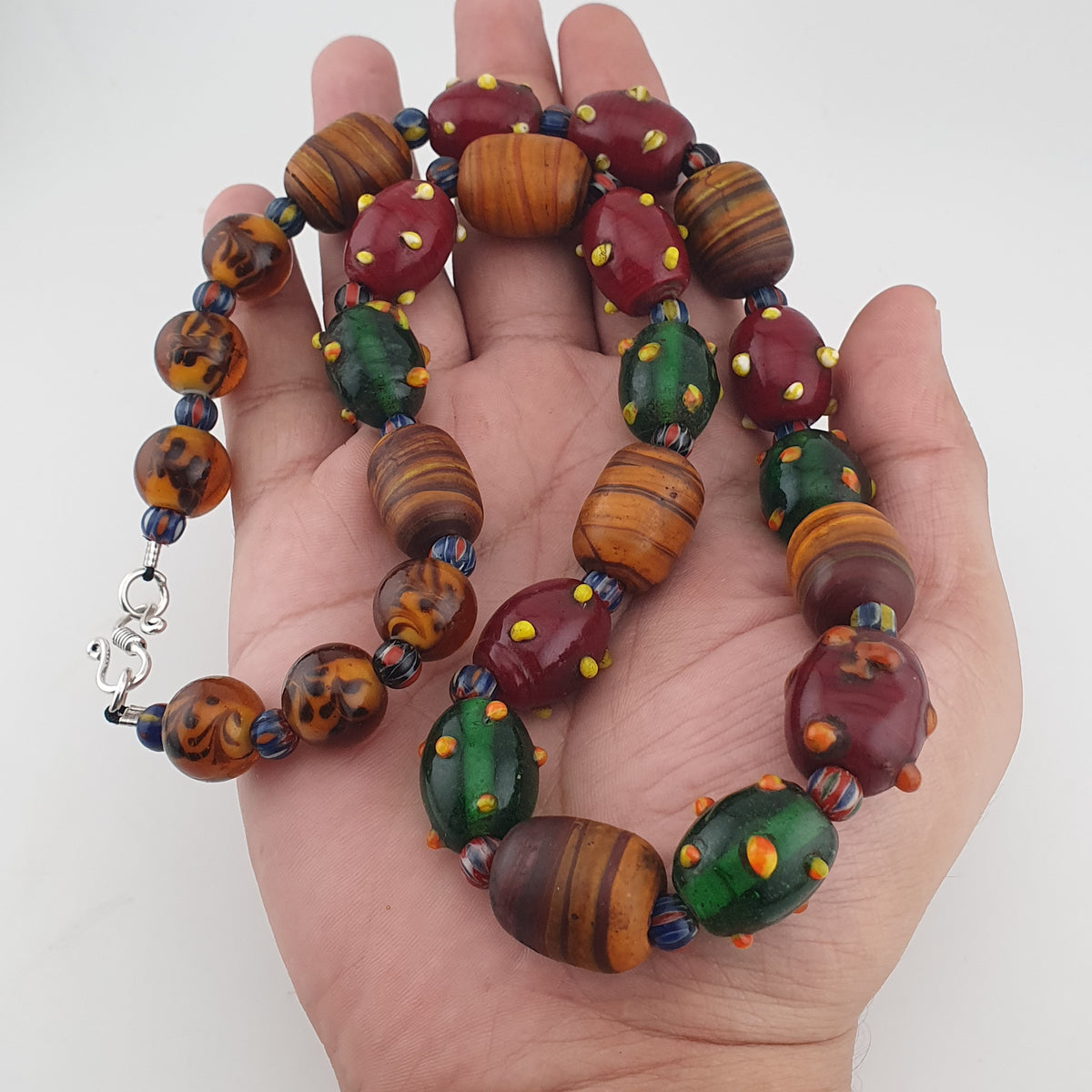 Vintage Venetian African Style Mix Skunk & Orange Brown African Glass Beads Necklace