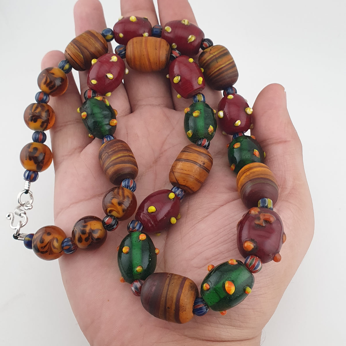 Vintage Venetian African Style Mix Skunk & Orange Brown African Glass Beads Necklace