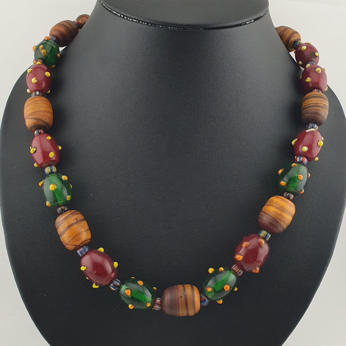 Vintage Venetian African Style Mix Skunk & Orange Brown African Glass Beads Necklace