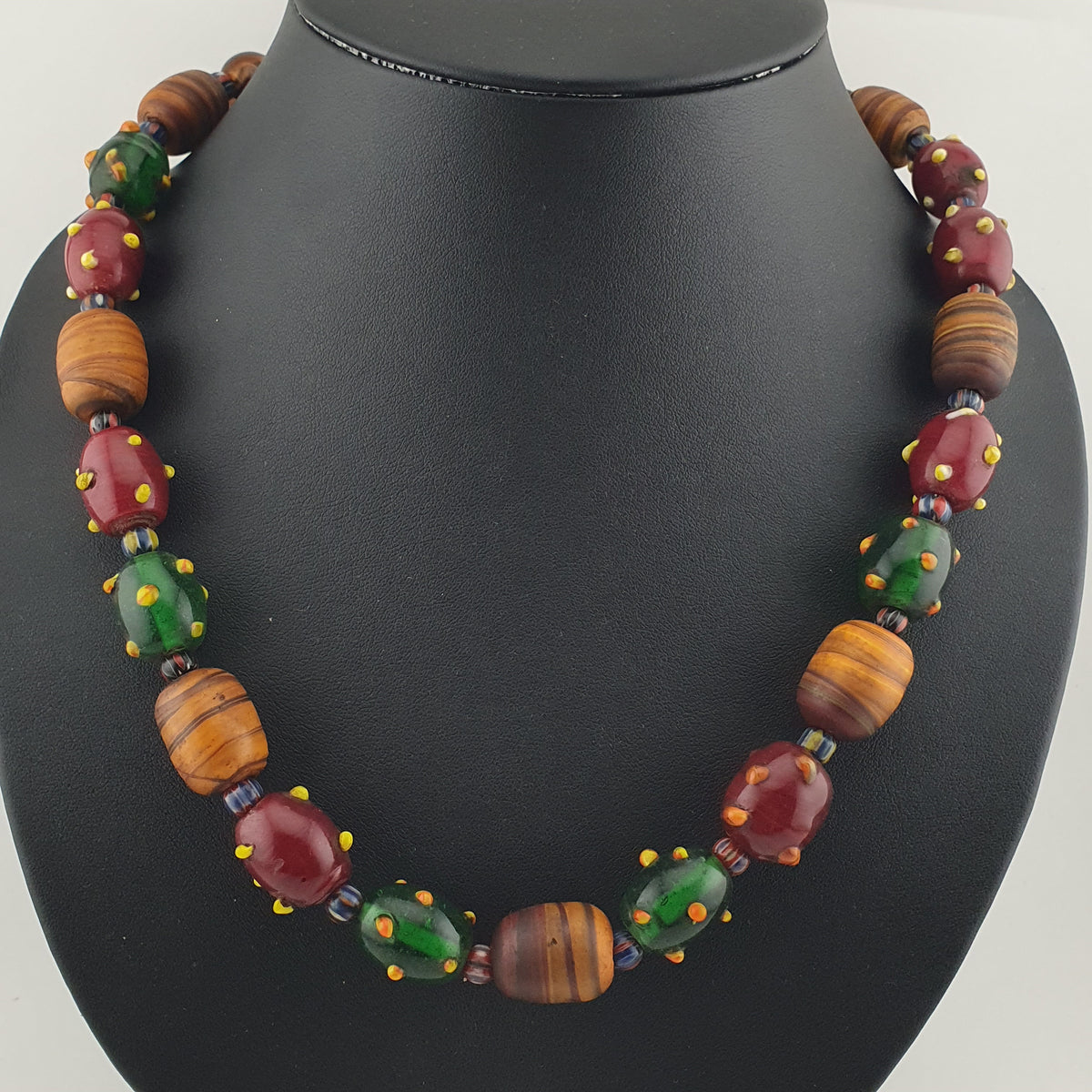 Vintage Venetian African Style Mix Skunk & Orange Brown African Glass Beads Necklace