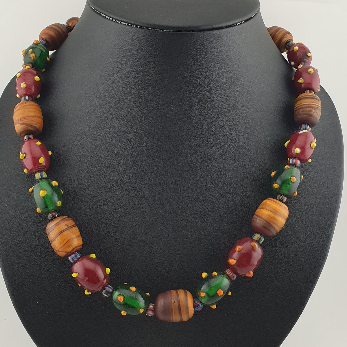 Vintage Venetian African Style Mix Skunk & Orange Brown African Glass Beads Necklace
