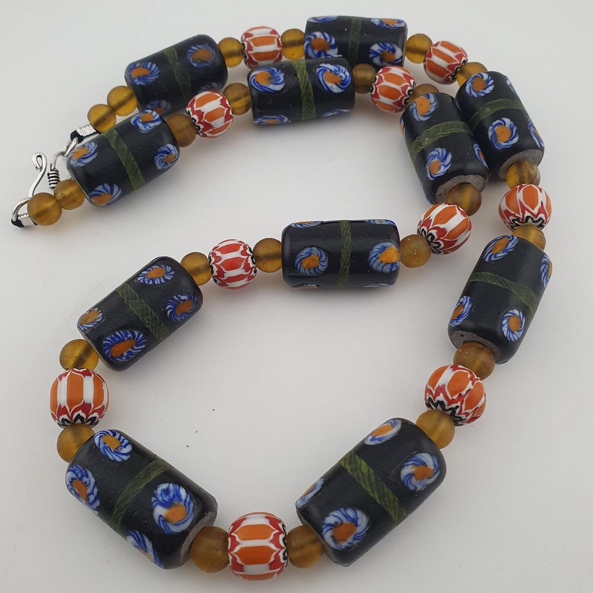 Vintage Venetian Style Cylinder Shape Floral Glass Beads Necklace