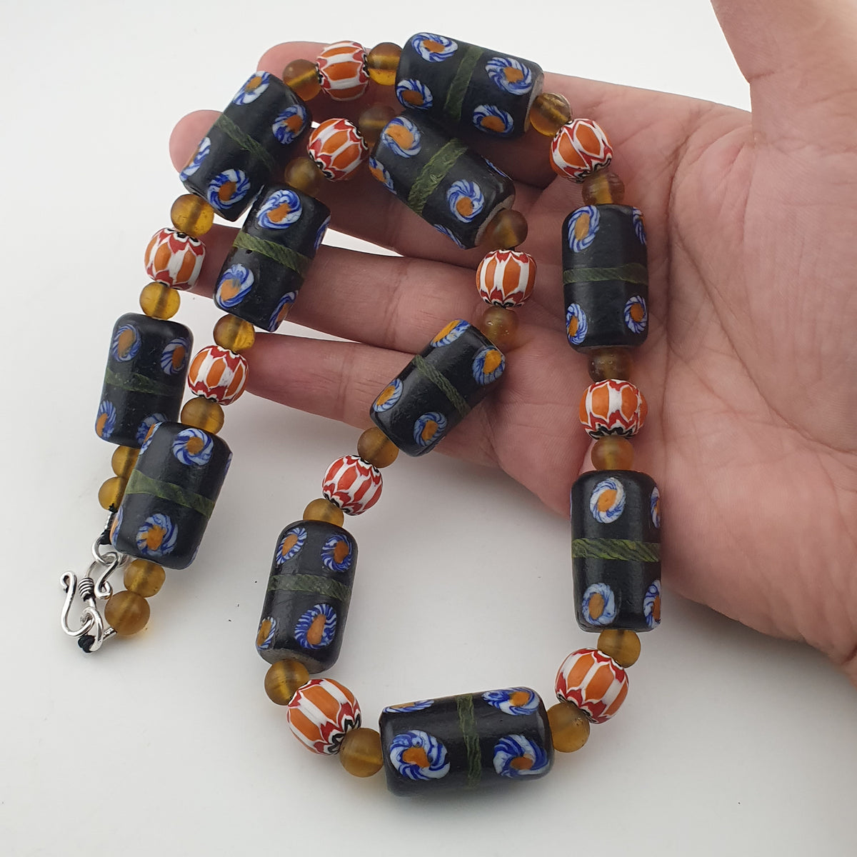 Vintage Venetian Style Cylinder Shape Floral Glass Beads Necklace