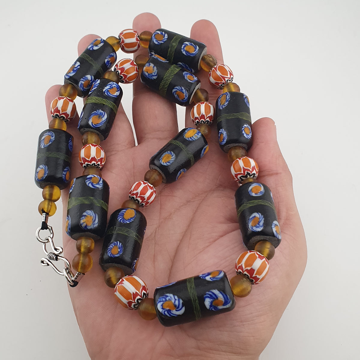 Vintage Venetian Style Cylinder Shape Floral Glass Beads Necklace